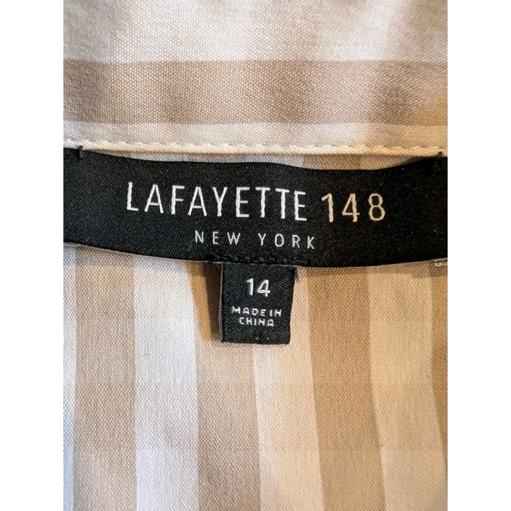 Lafayette 148 New York Lehigh Button Up Blouse Size 12 Gingham Check Ruched Tan - Picture 4 of 8
